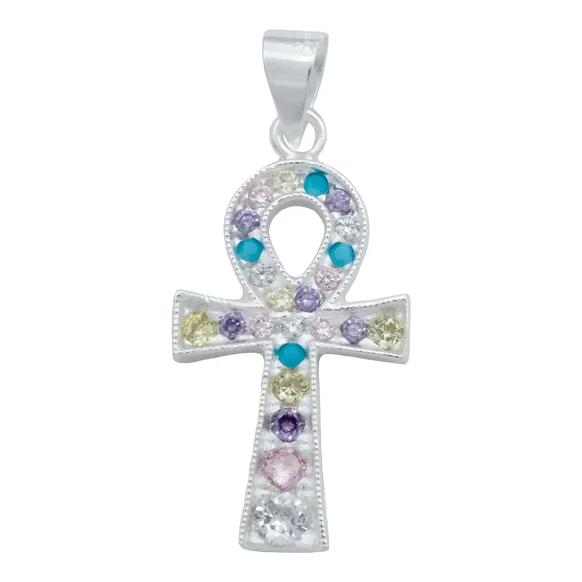 Dije Plata 925 Cruz Egipcia Ankh con Zirconia Multicolor, colgante de protección espiritual y llave de la vida para mujer.