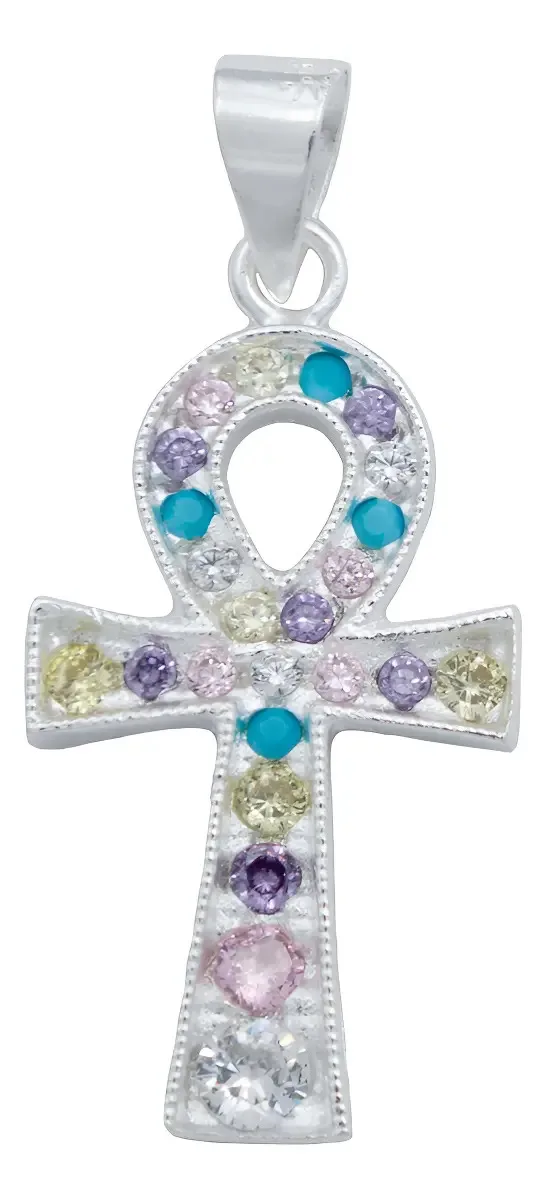 Dije Plata 925 Cruz Egipcia Ankh con Zirconia Multicolor, colgante de protección espiritual y llave de la vida para mujer.