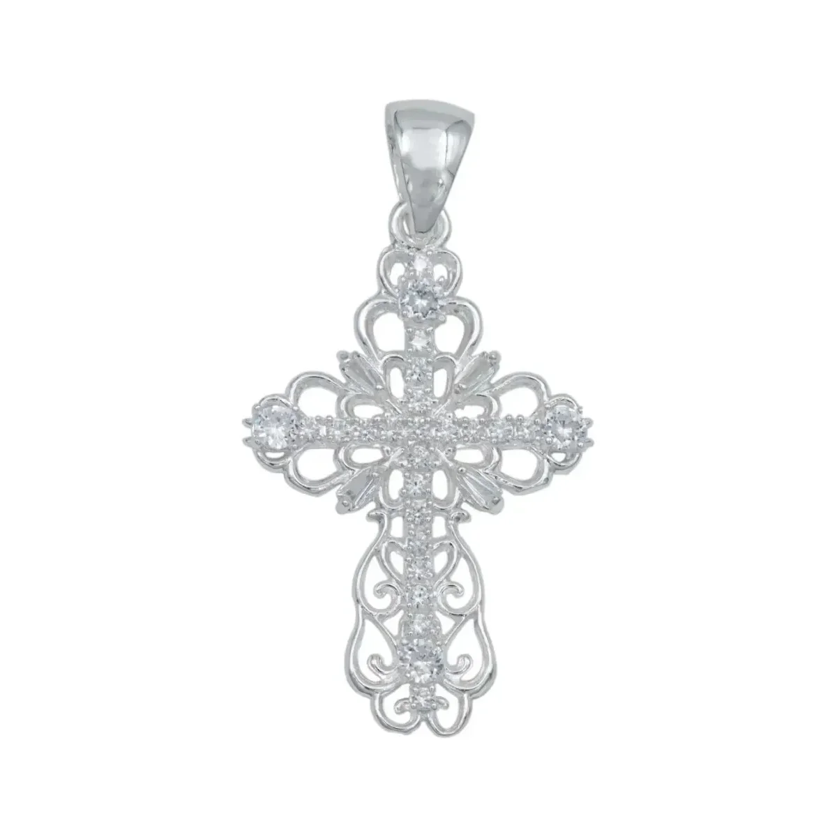 Dije cruz Plata .925 genuina, diseño grande diamantado con zirconias baguette brillantes. Joyería de protección para estudian