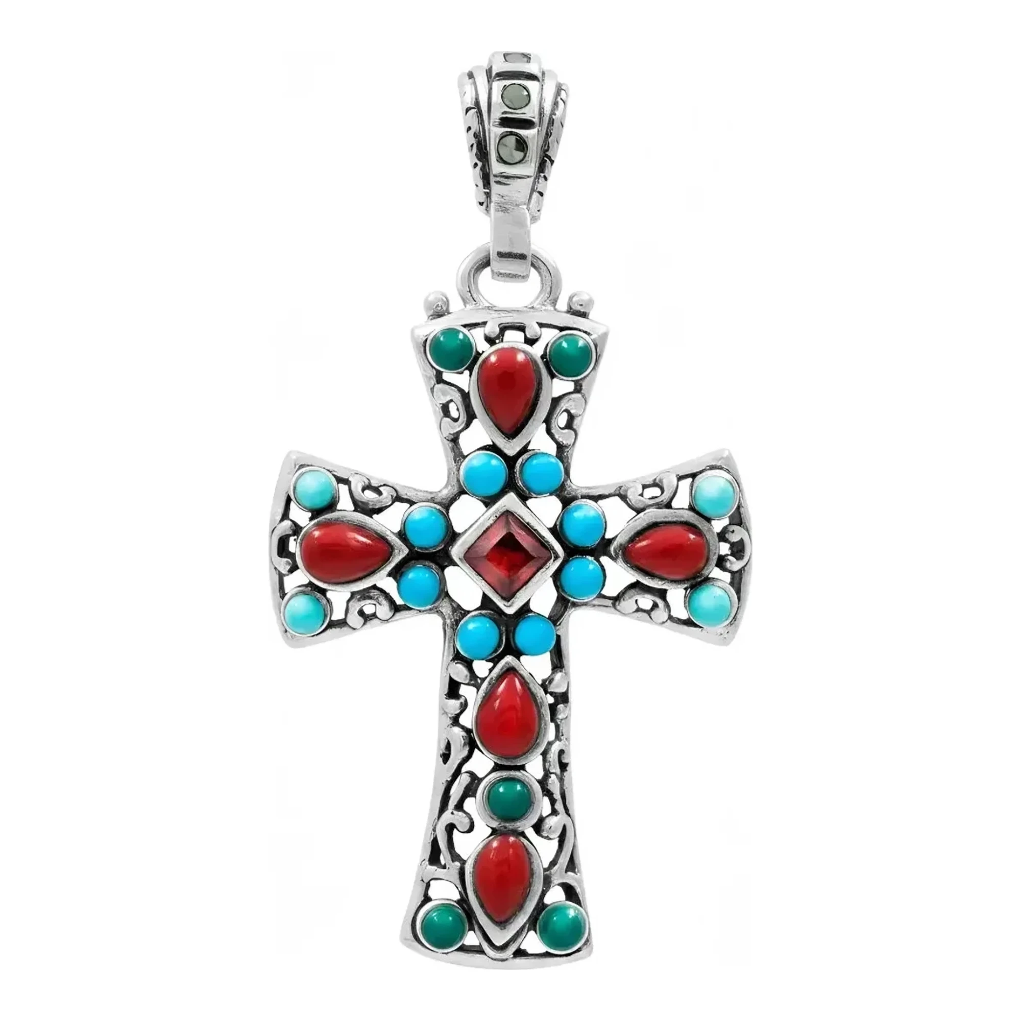 Dije cruz de plata 925 rodizada con piedras zirconia roja pavé, colgante religioso unisex con broche perico de joyería fina