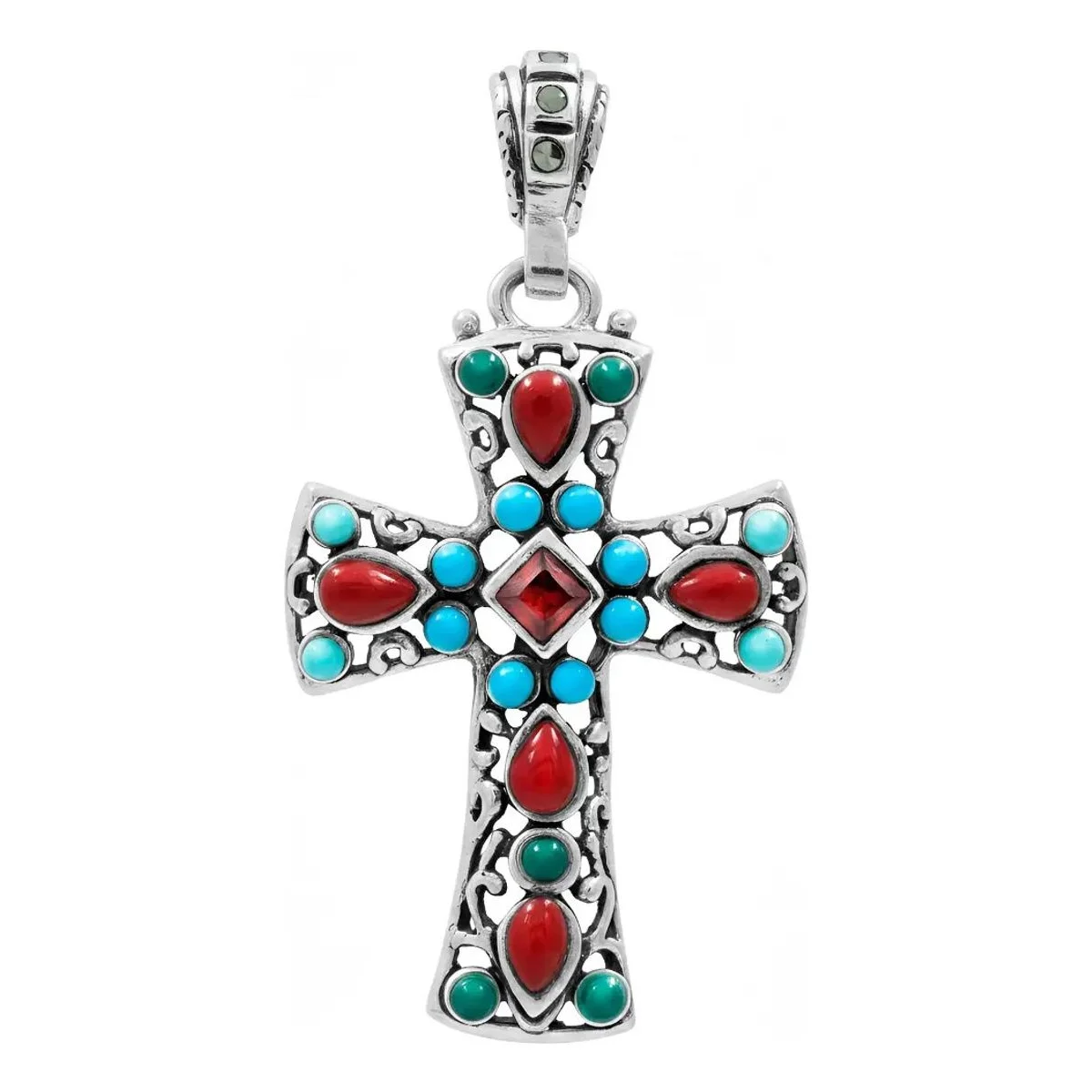 Dije Cruz Plata .925 Rodizada Zirconia Roja Unisex, colgante religioso de plata con zirconia roja, joyería de plata con gemas