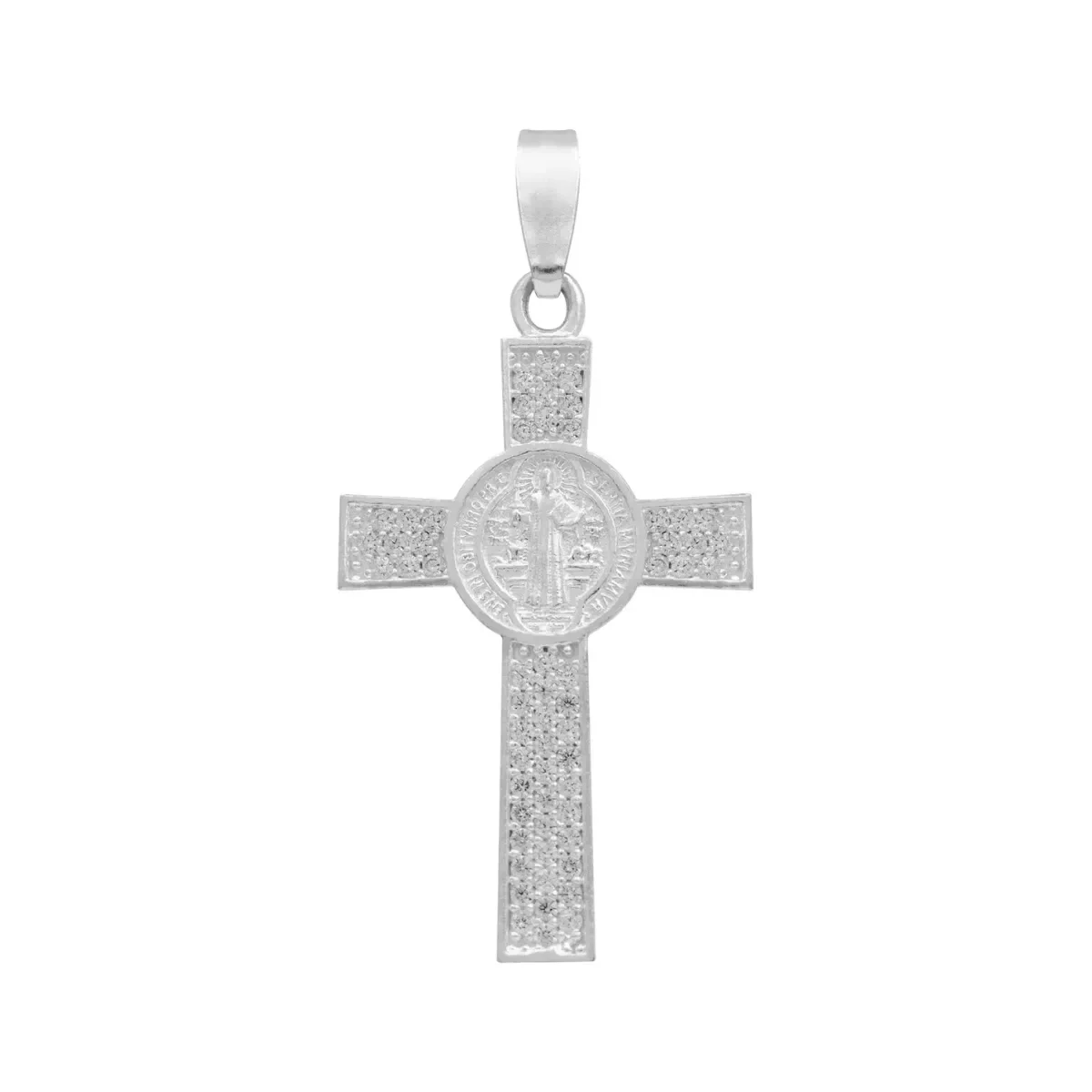 Dije de Plata .925 Cruz San Benito con Zirconia, colgante religioso de plata, joyería artesanal mexicana con diseño moderno y