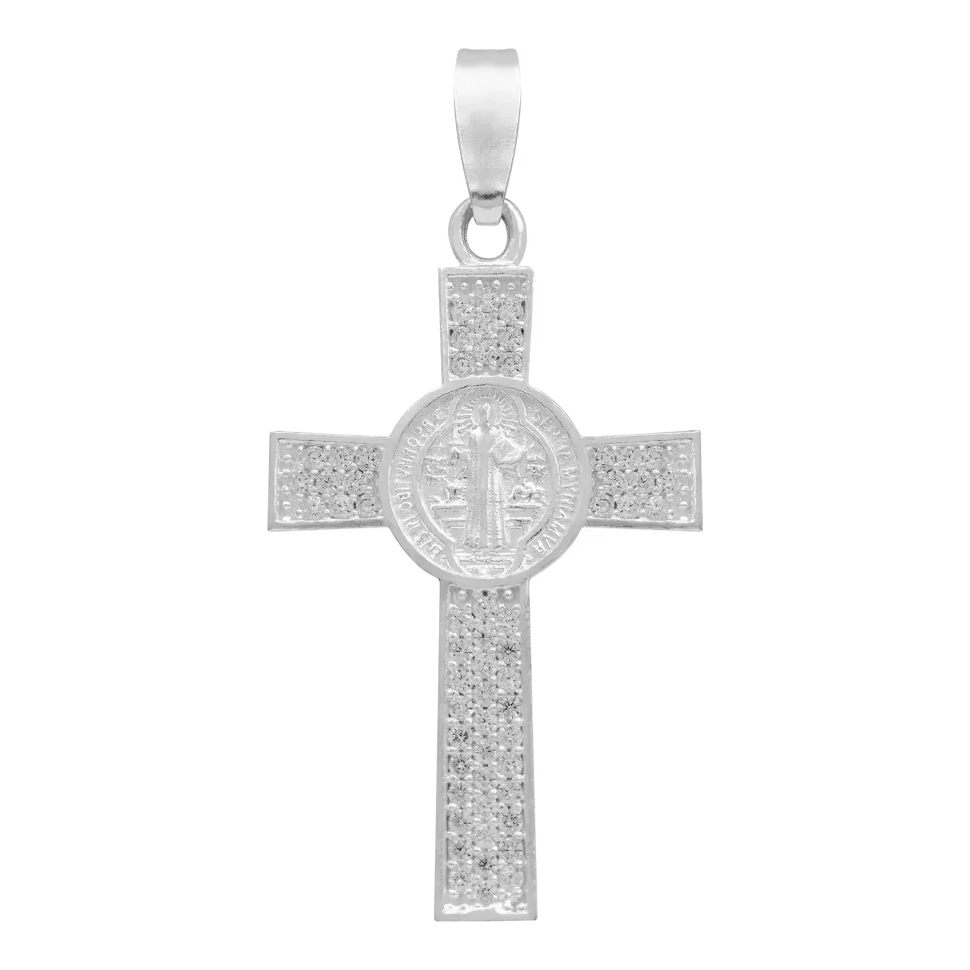 Dije cruz San Benito plata .925 doble vista con zirconias brillantes, crucifijo religioso mexicano de 39 mm para cadena.