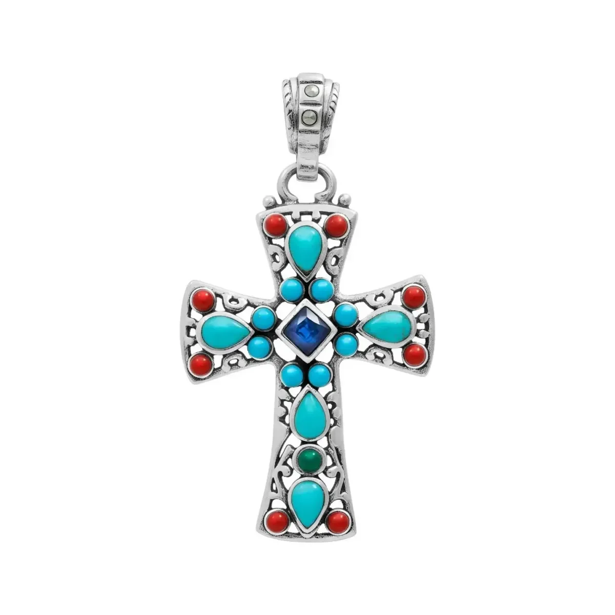 Dije Cruz de Plata 925 con Zirconias Azules - Joya Religiosa Artesanal Unisex Joyaris