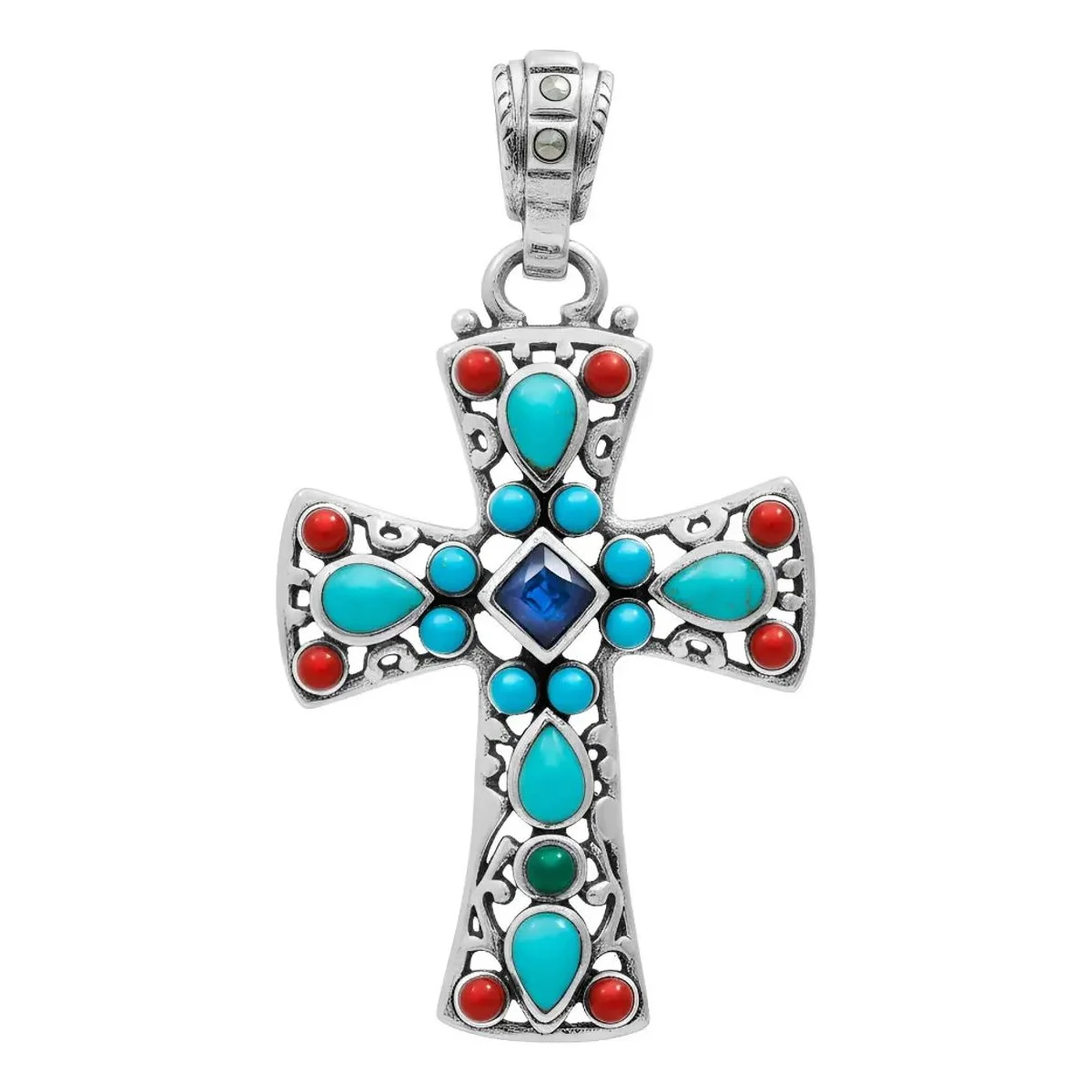 Dije Cruz de Plata 925 con Zirconias Azules - Joya Religiosa Artesanal Unisex Joyaris