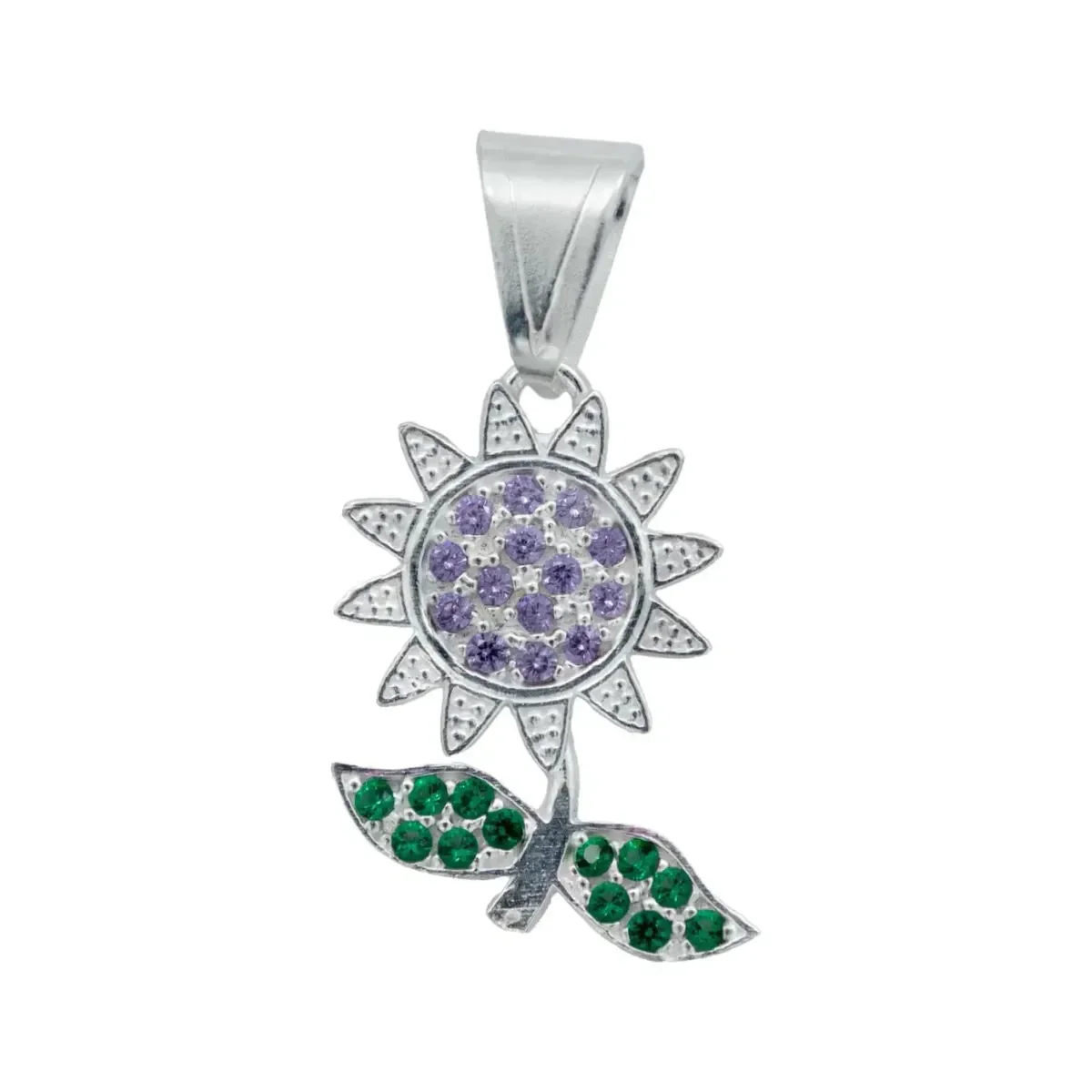 Dije de Plata .925, flor violeta con zirconia. Colgante de diseño para mujer, joyería artesanal mexicana, estilo maximalista.