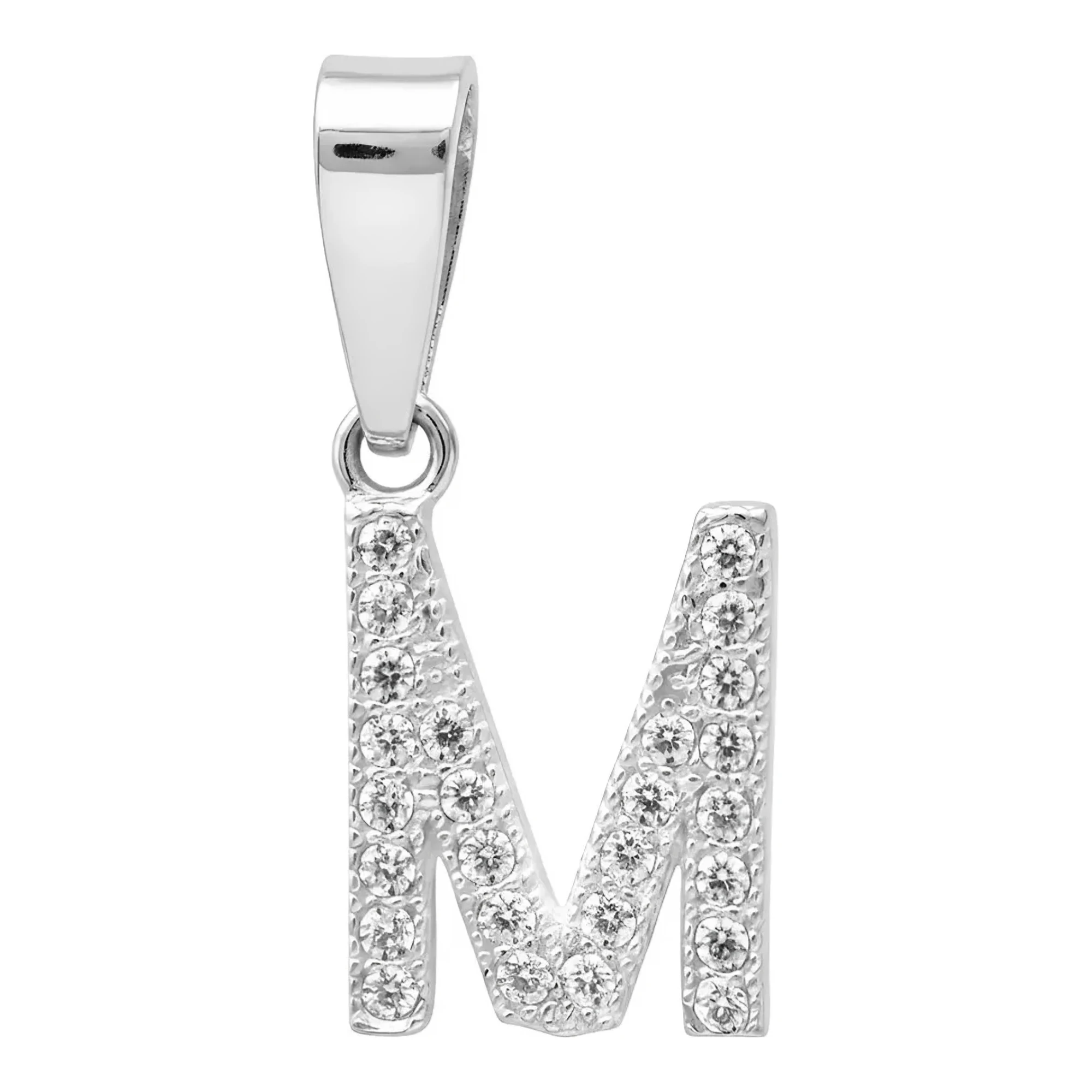 Dije inicial plata 925 letra M con incrustaciones de zirconias brillantes, acabado liso y broche tipo perico nacional.