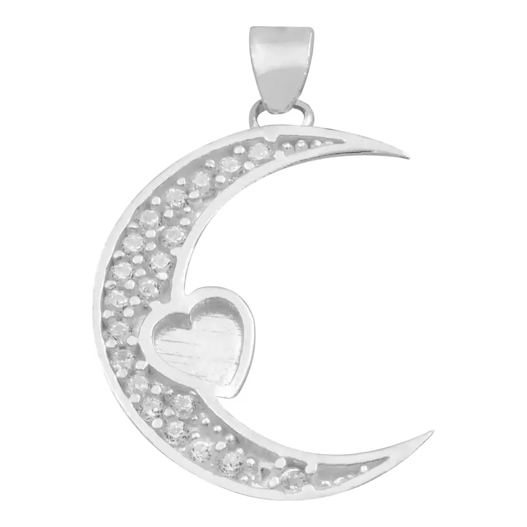 Dije de media luna y corazón en plata .925 nacional con zirconia brillante, colgante femenino con acabado liso artesanal