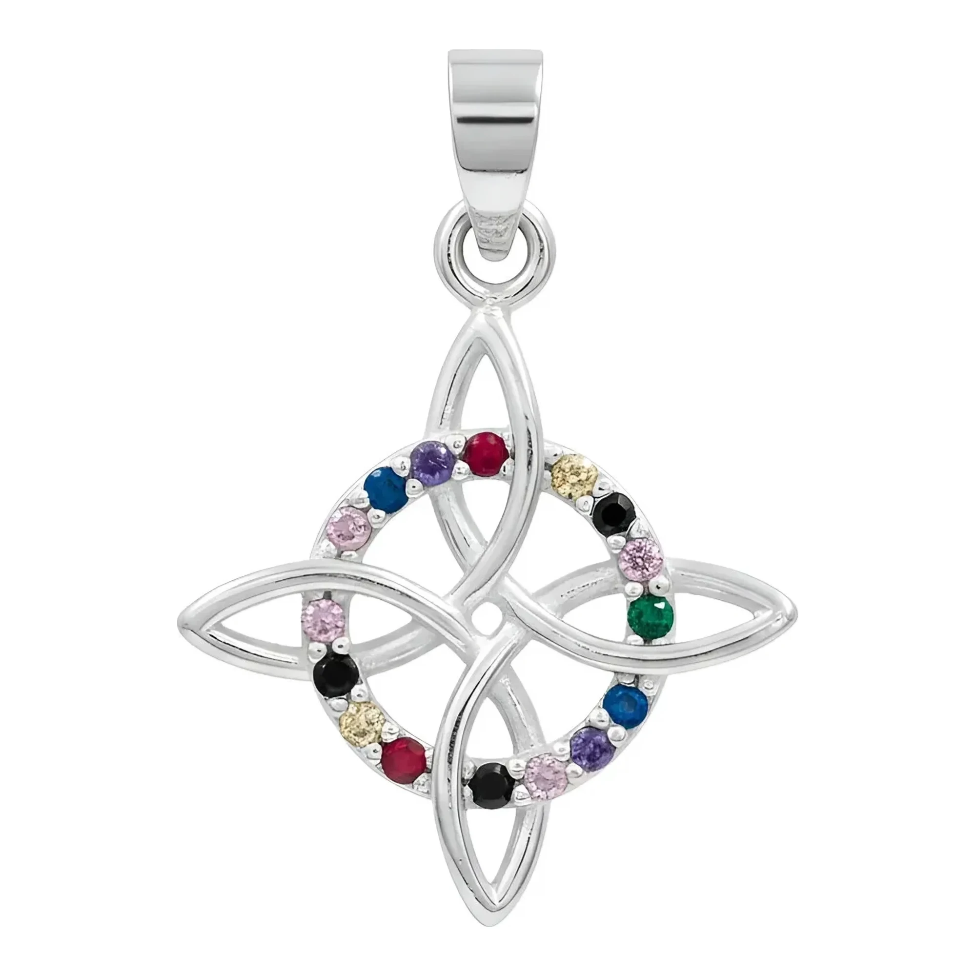 Dije nudo de brujas plata .925 nacional acabado liso con incrustaciones de zirconias multicolor simbolo wicca de proteccion