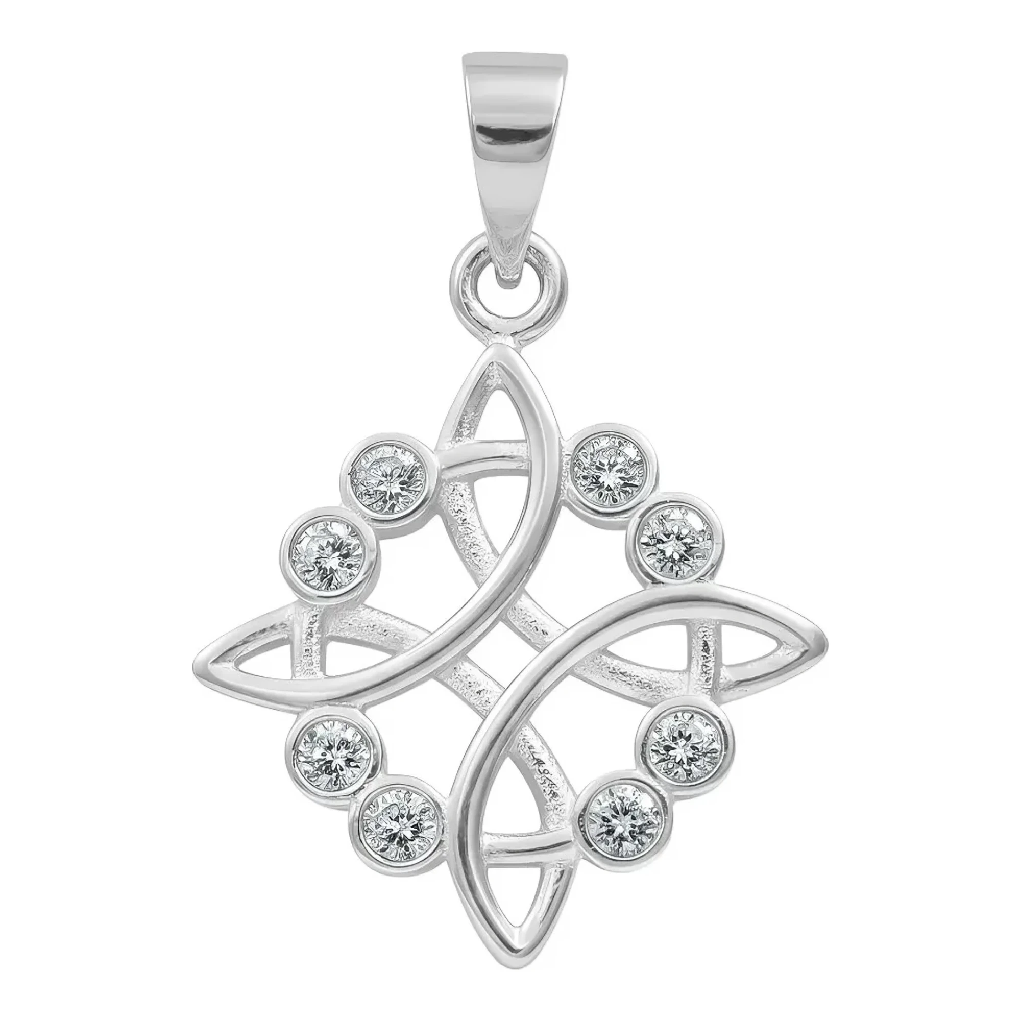Dije nudo de brujas en plata ley 925 mexicana acabado liso con zirconia blanca central amuleto protector witch knot celta