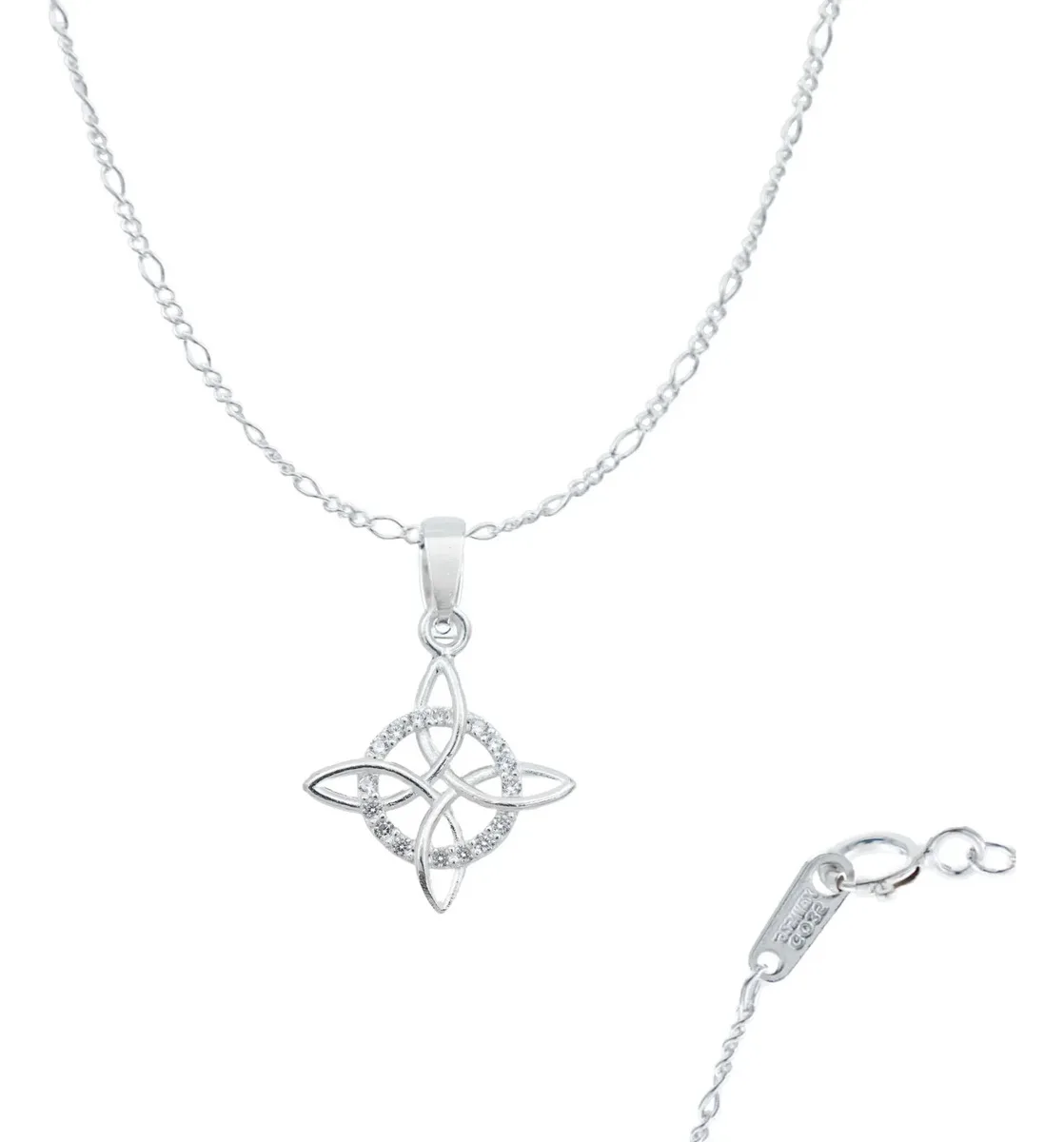 Dije Nudo de Bruja Plata .925 con brillante Zirconia central. Collar de plata fina para mujer, joyería mexicana artesanal, co