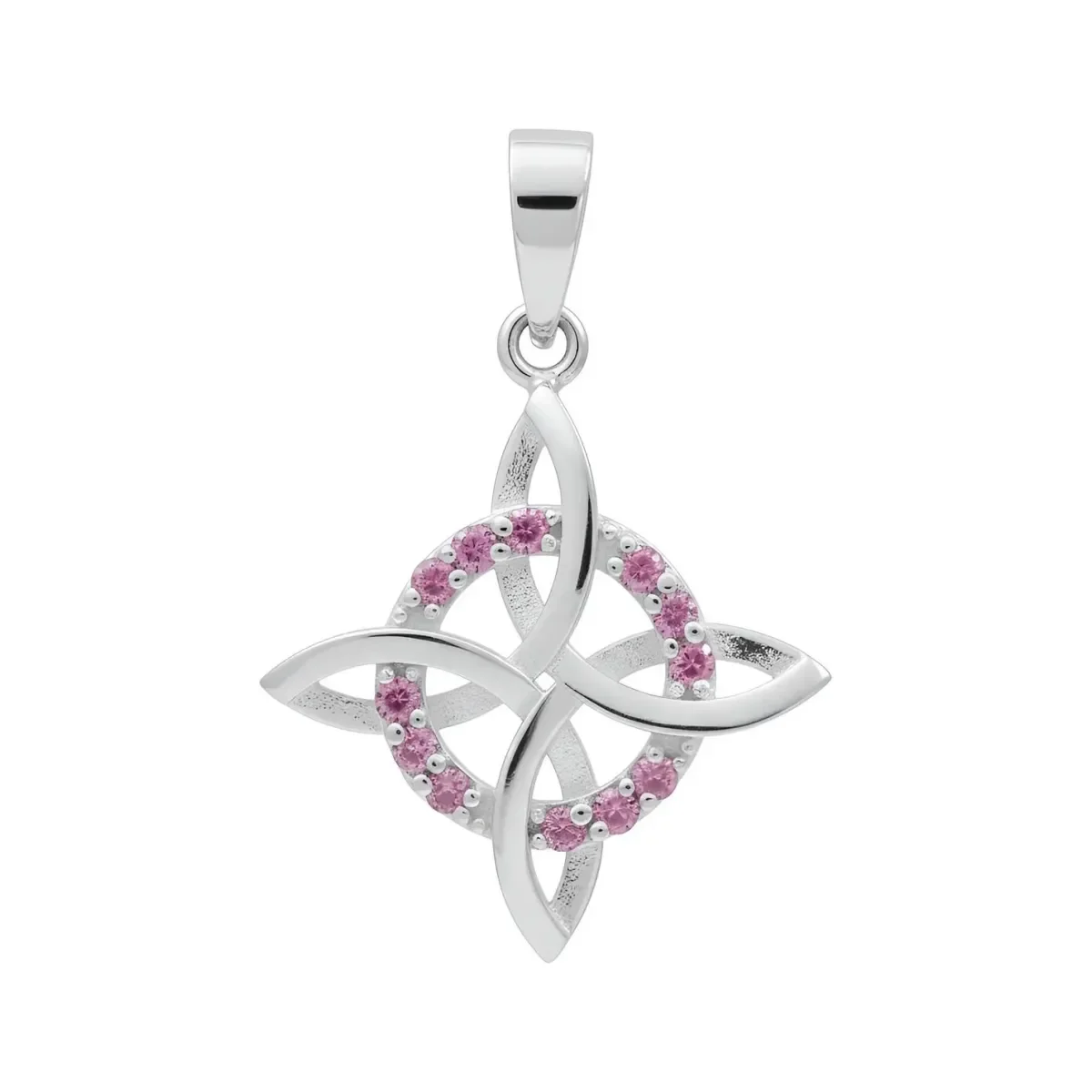 Dije Plata .925 Nudo de Bruja plano con Zirconia Rosa, joyería artesanal mexicana, amuleto buena suerte, colgante protección.