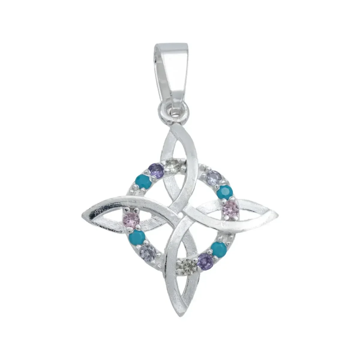 Dije amuleto Nudo de Bruja plano de Plata .925 nacional con Zirconia Rosa. Colgante de protección mística, joyería con signif