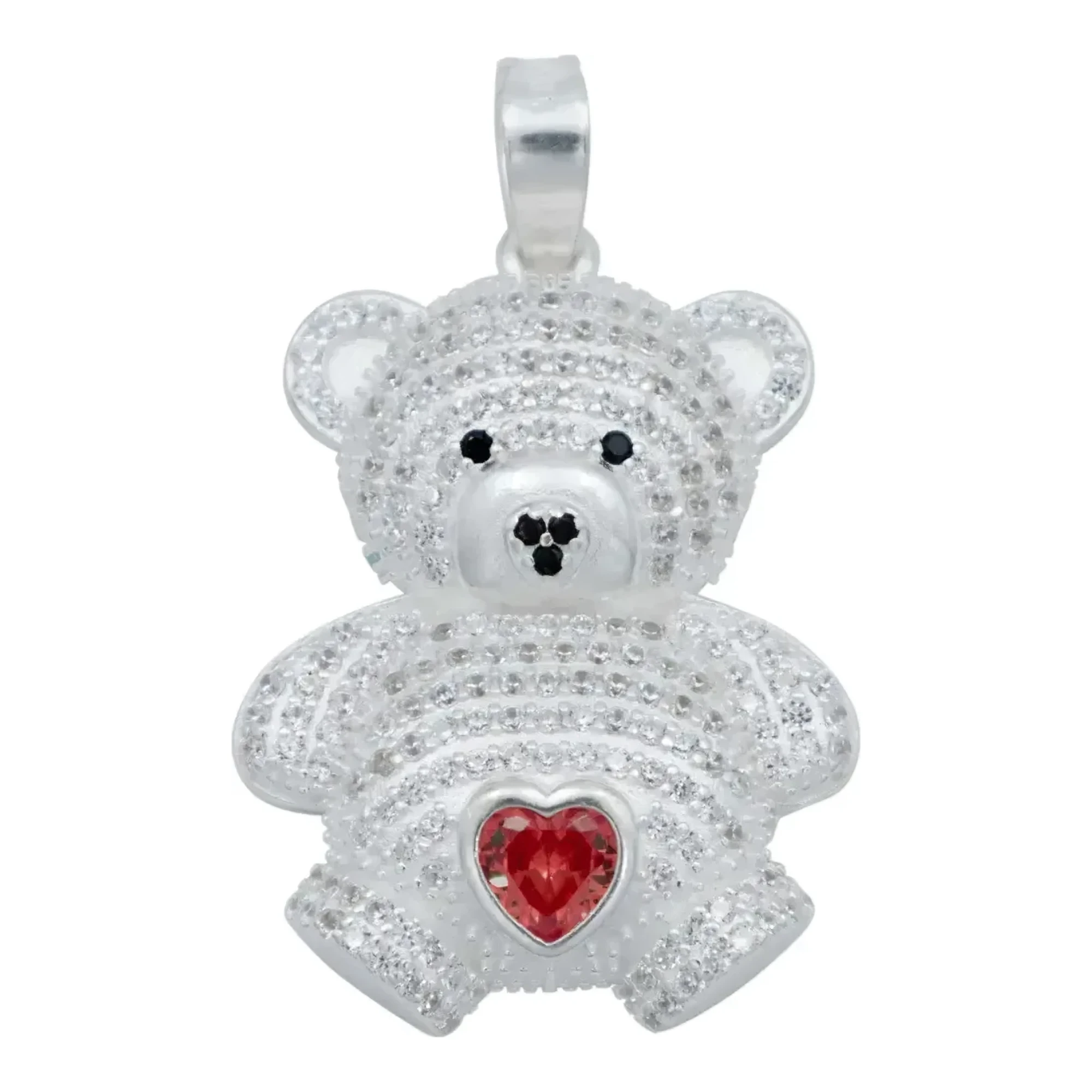 Dije Plata .925 Osito Corazón con Zirconia Roja, joyería de plata con significado, diseño artesanal y colgante para regalo.