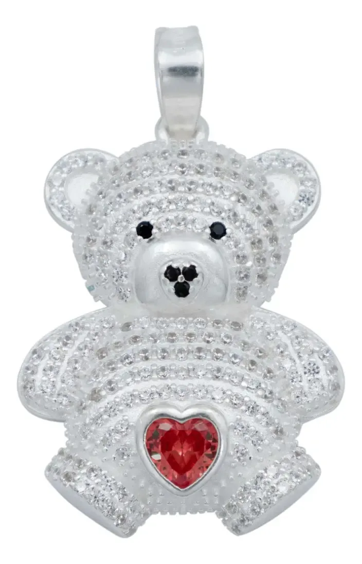 Dije Plata .925 Osito Corazón con Zirconia Roja, joyería de plata con gemas, diseño artesanal y colgante de plata para regalo