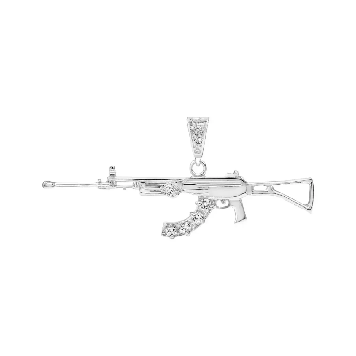 Dije Rifle AK-47 plata .925 con zirconias blancas para hombre, joya militar estilo urbano, diseño audaz y rebelde, joyería mo