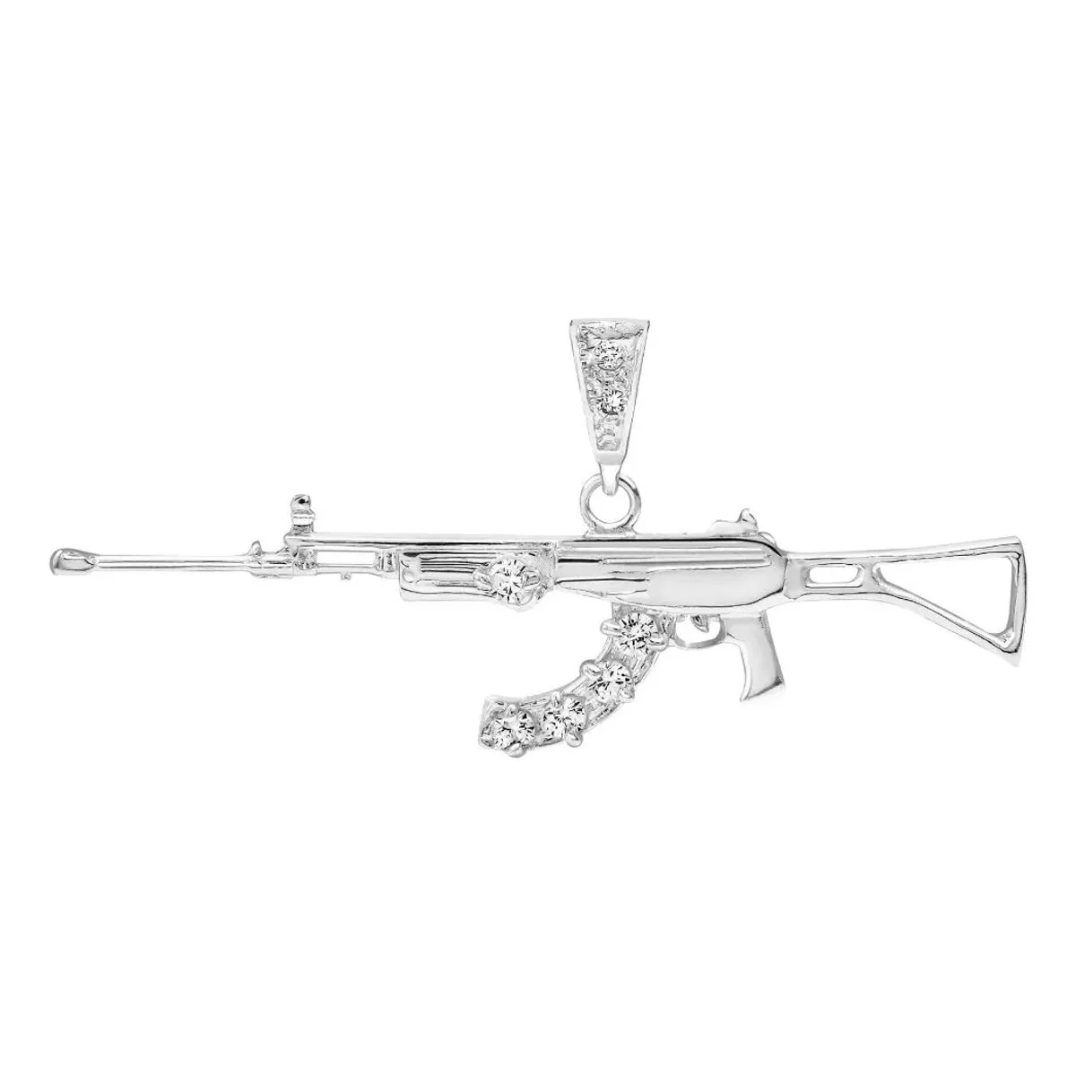 Dije Rifle AK-47 plata .925 con zirconias blancas para hombre, joya militar estilo urbano, diseño audaz y rebelde, joyería mo