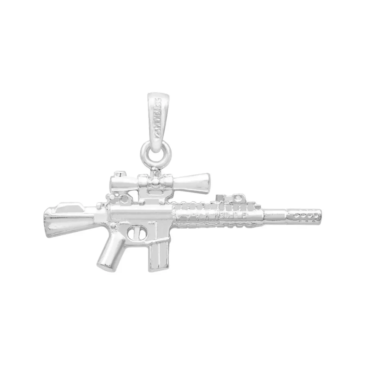Dije Plata .925 rifle arma larga con mira, acabado pulido, joyería fina para hombre, colgante significativo.