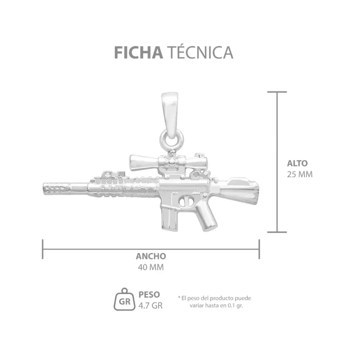 Dije Plata 925 Rifle Arma Larga con Mira Acabado Pulido - Imagen 4