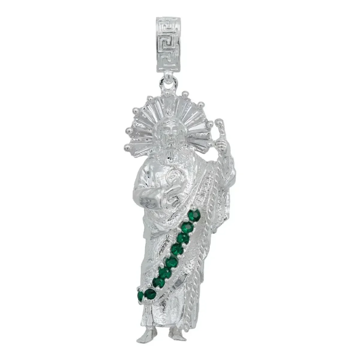 Dije San Judas Tadeo Plata .925 artesanal, con vibrante zirconia verde. Joyería religiosa mexicana, medalla de protección est