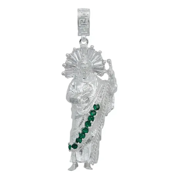 Dije Plata 925 San Judas Tadeo con Zirconia Verde Artesanal - Imagen 1