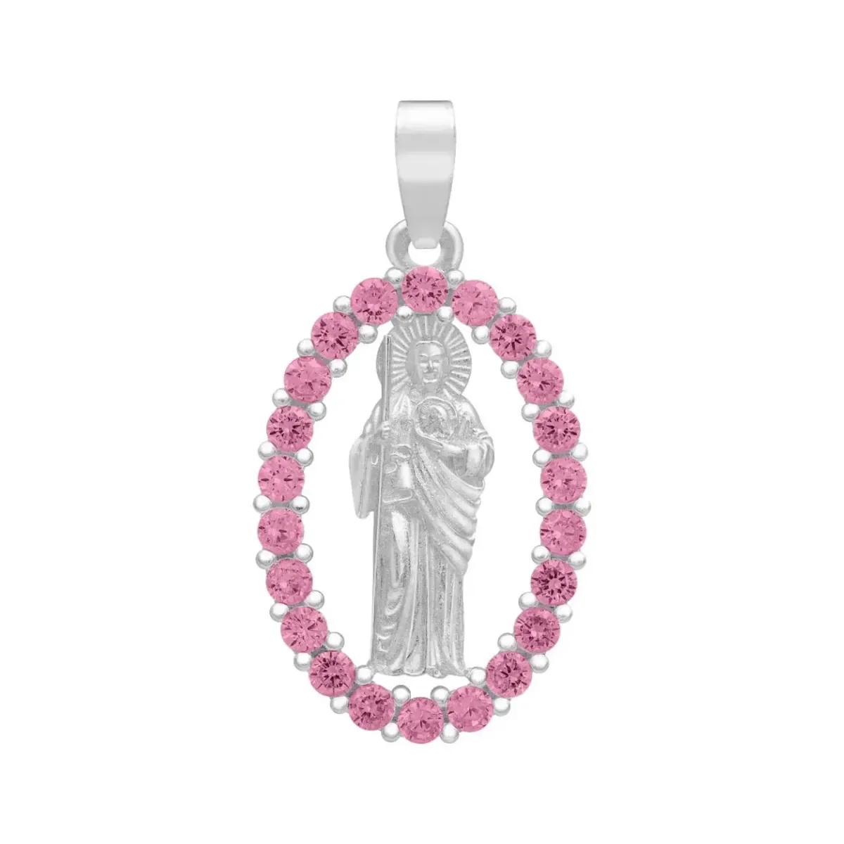 Dije Plata .925 San Judas Tadeo, medalla religiosa plana con zirconias fucsia. Joyería de plata ley 925, amuleto para estudia