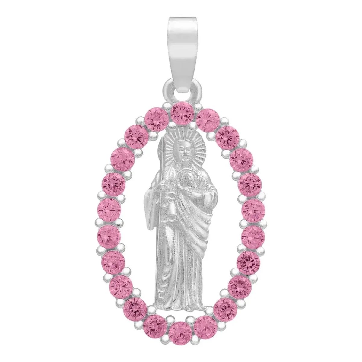 Dije Plata .925 San Judas Tadeo, medalla religiosa plana con zirconias fucsia. Colgante artesanal mexicano, símbolo de fe.