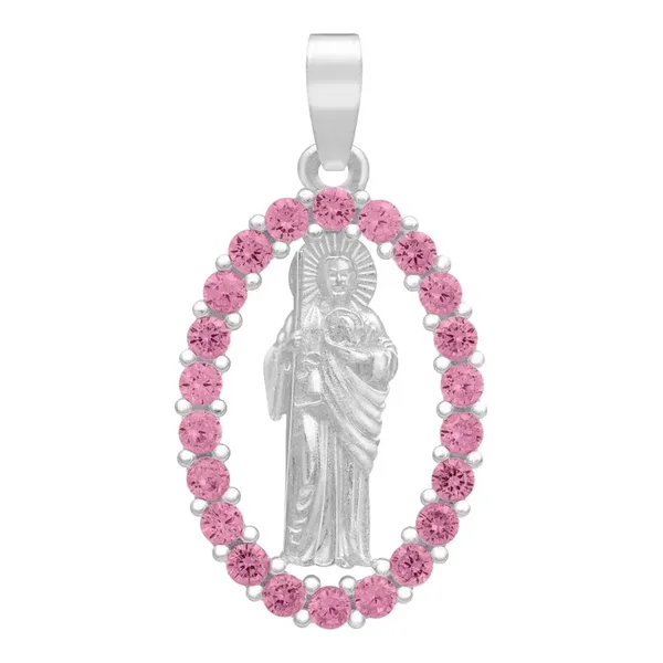 Dije Plata 925 San Judas Tadeo Plano con Zirconias Fucsia - Imagen 1