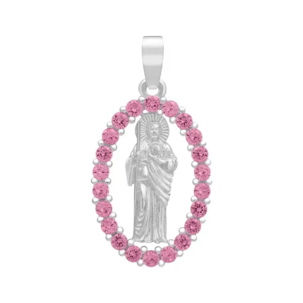 Dije Plata 925 San Judas Tadeo Plano con Zirconias Fucsia - Imagen 1
