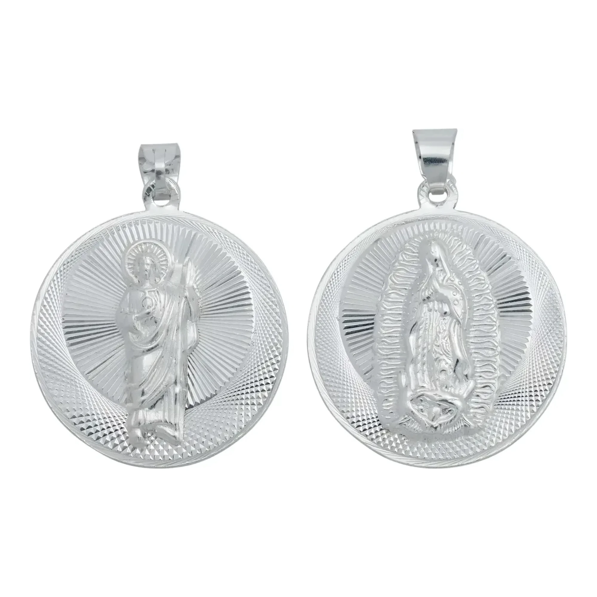 Dije San Judas Tadeo y Virgen de Guadalupe doble vista diamantado en plata 925 nacional con broche perico grabado brillante