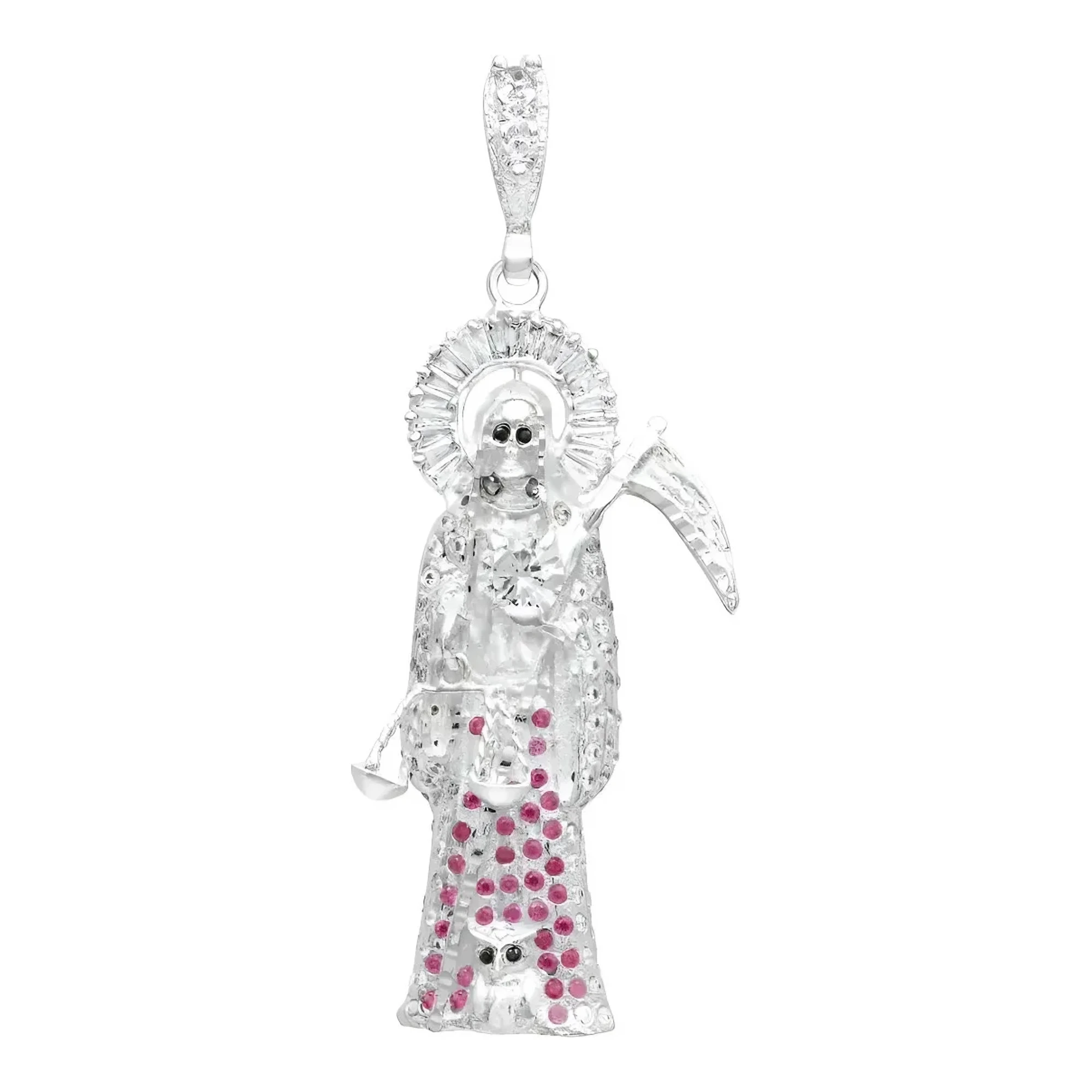 Dije Santa Muerte 3D en plata .925 nacional para hombre con zirconias fucsia, acabado liso y broche perico resistente.