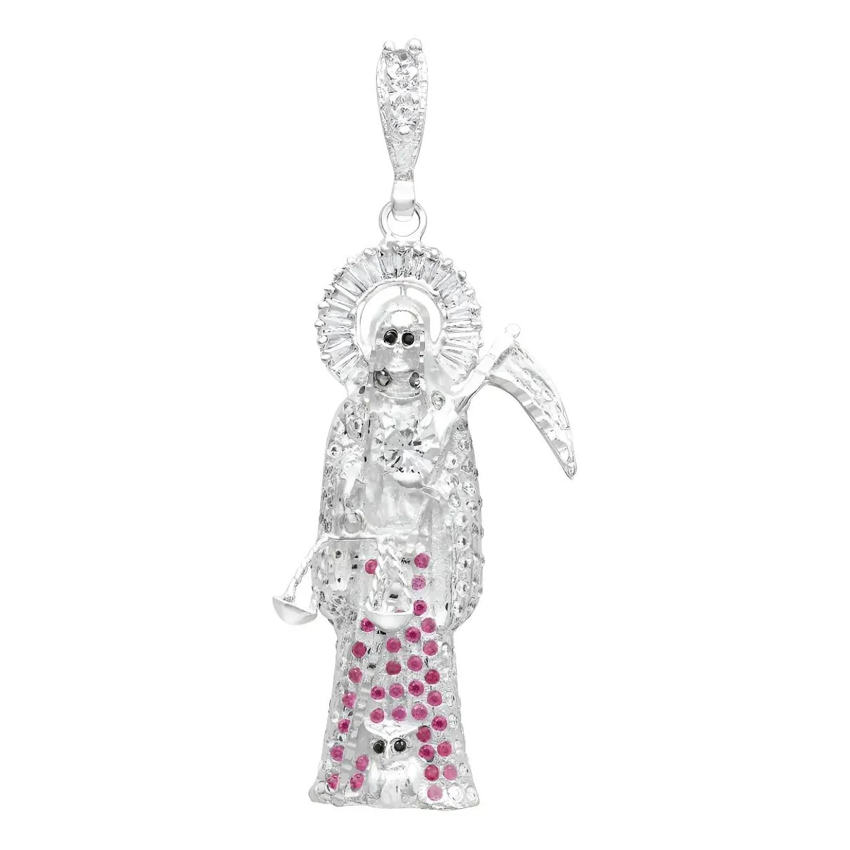 Dije Santa Muerte 3D Plata .925 para hombre, colgante gótico artesanal con zirconia fucsia, joyería simbólica mexicana.