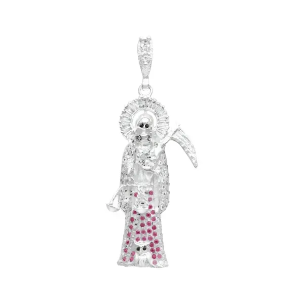 Dije Plata 925 Santa Muerte 3D Zirconia Fucsia para Hombre - Imagen 1