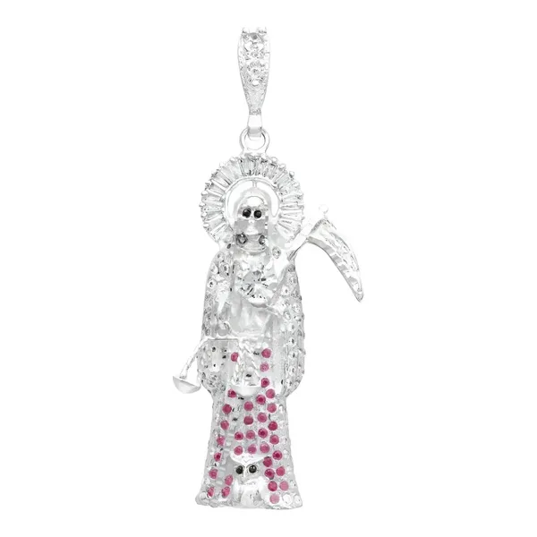 Dije Plata 925 Santa Muerte 3D Zirconia Fucsia para Hombre - Imagen 1