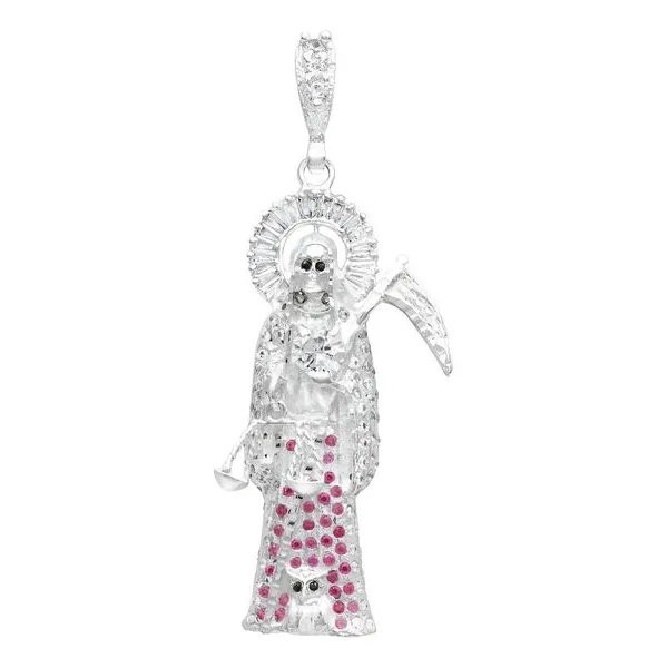 Dije Plata 925 Santa Muerte 3D Zirconia Fucsia para Hombre - Imagen 1