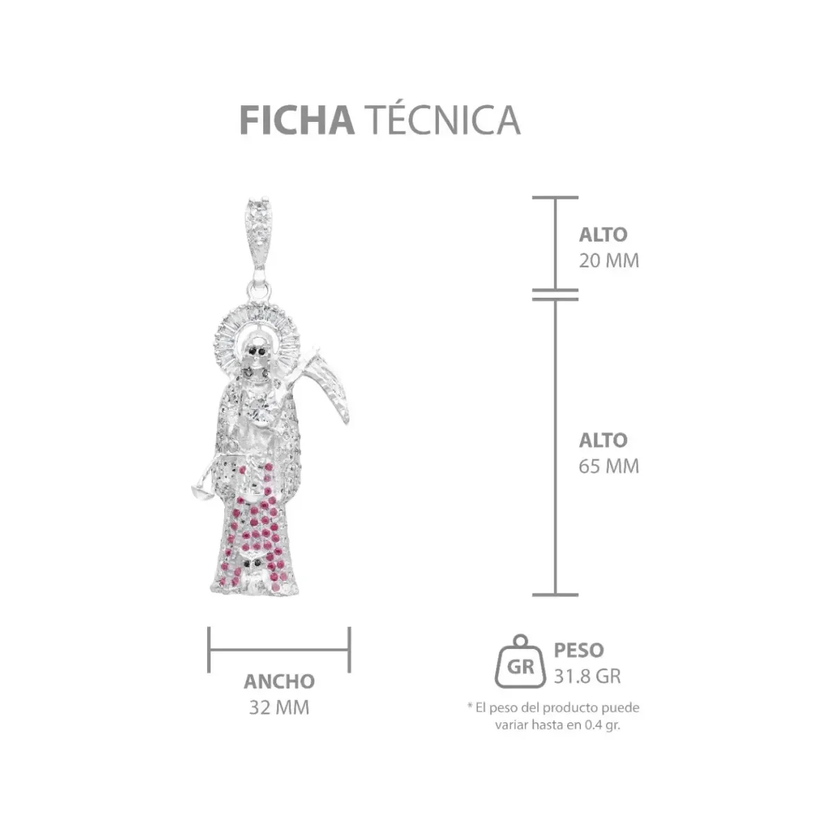 Dije Plata 925 Santa Muerte 3D Zirconia Fucsia para Hombre - Imagen 7