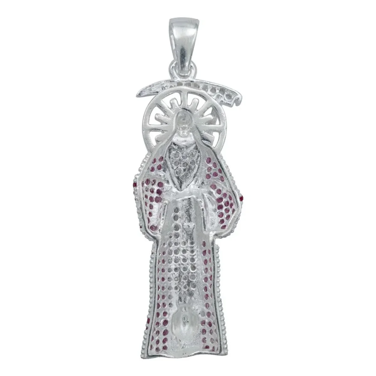 Dije Santa Muerte robusto de plata 925 con zirconia fucsia - Joyaris joyería artesanal mexicana