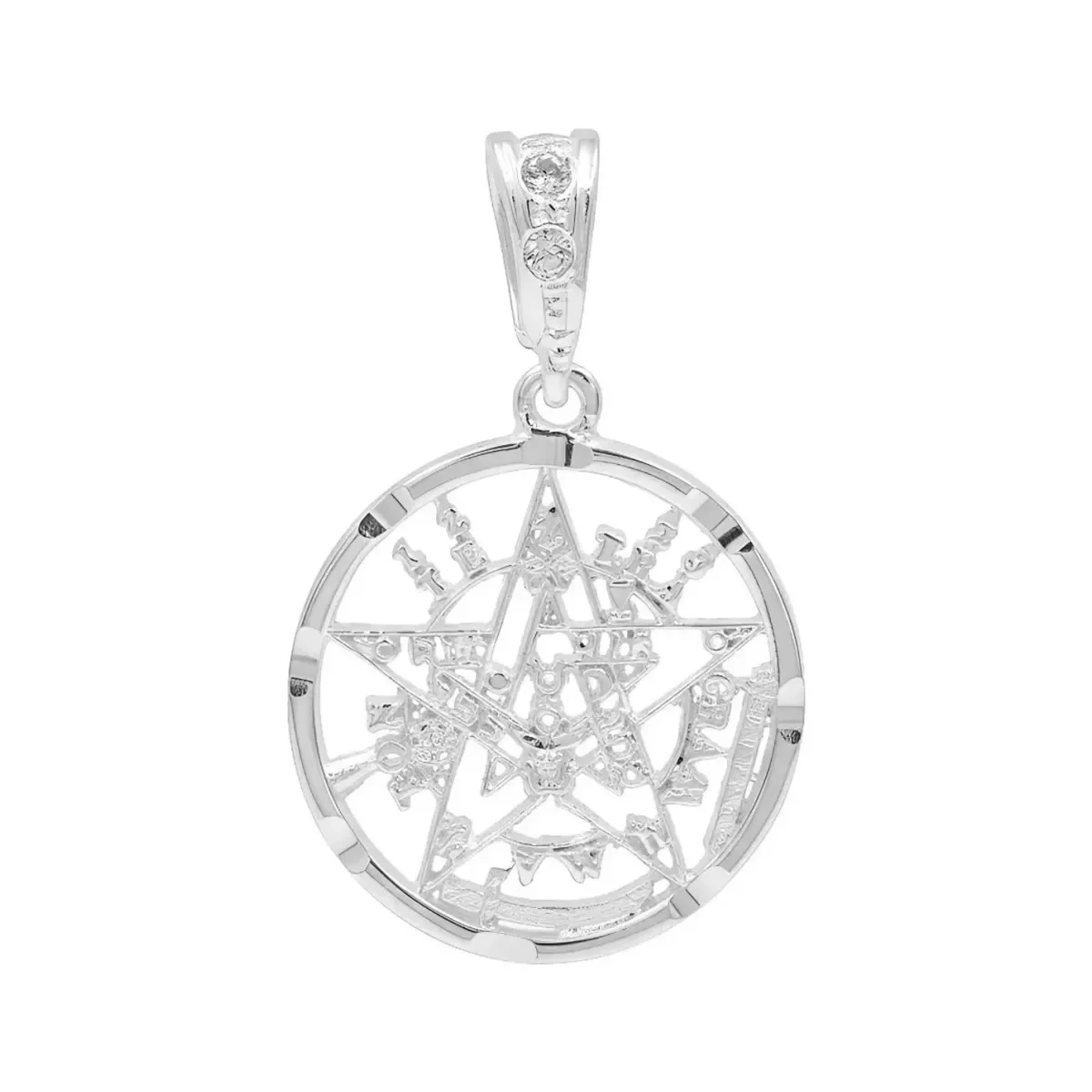 Dije Tetragrammatón Plata 925 diamantado con zirconia brillante, amuleto de protección y joyería artesanal mexicana.
