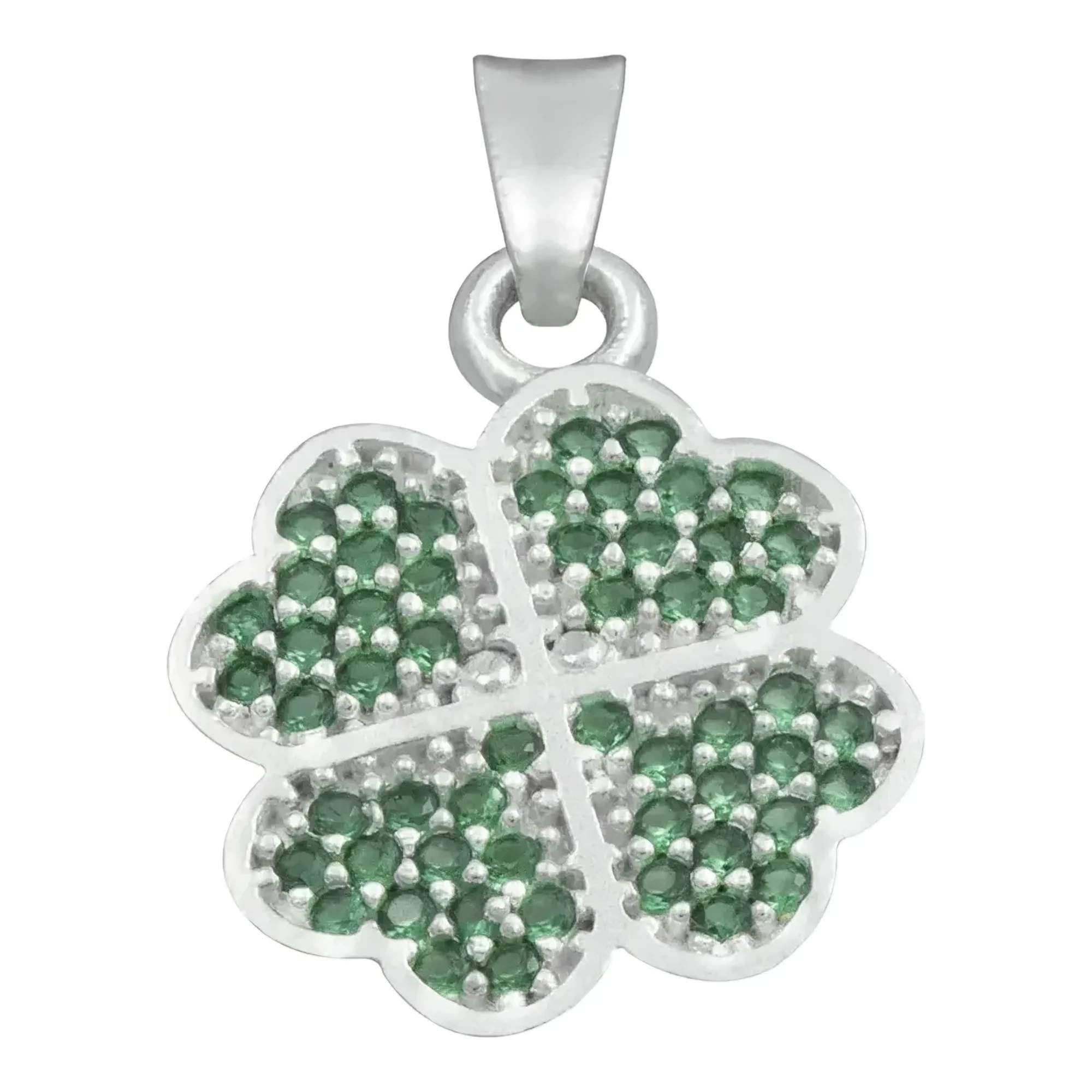 Dije trebol cuatro hojas plata 925 nacional acabado liso con zirconias verdes incrustadas y broche perico amuleto suerte