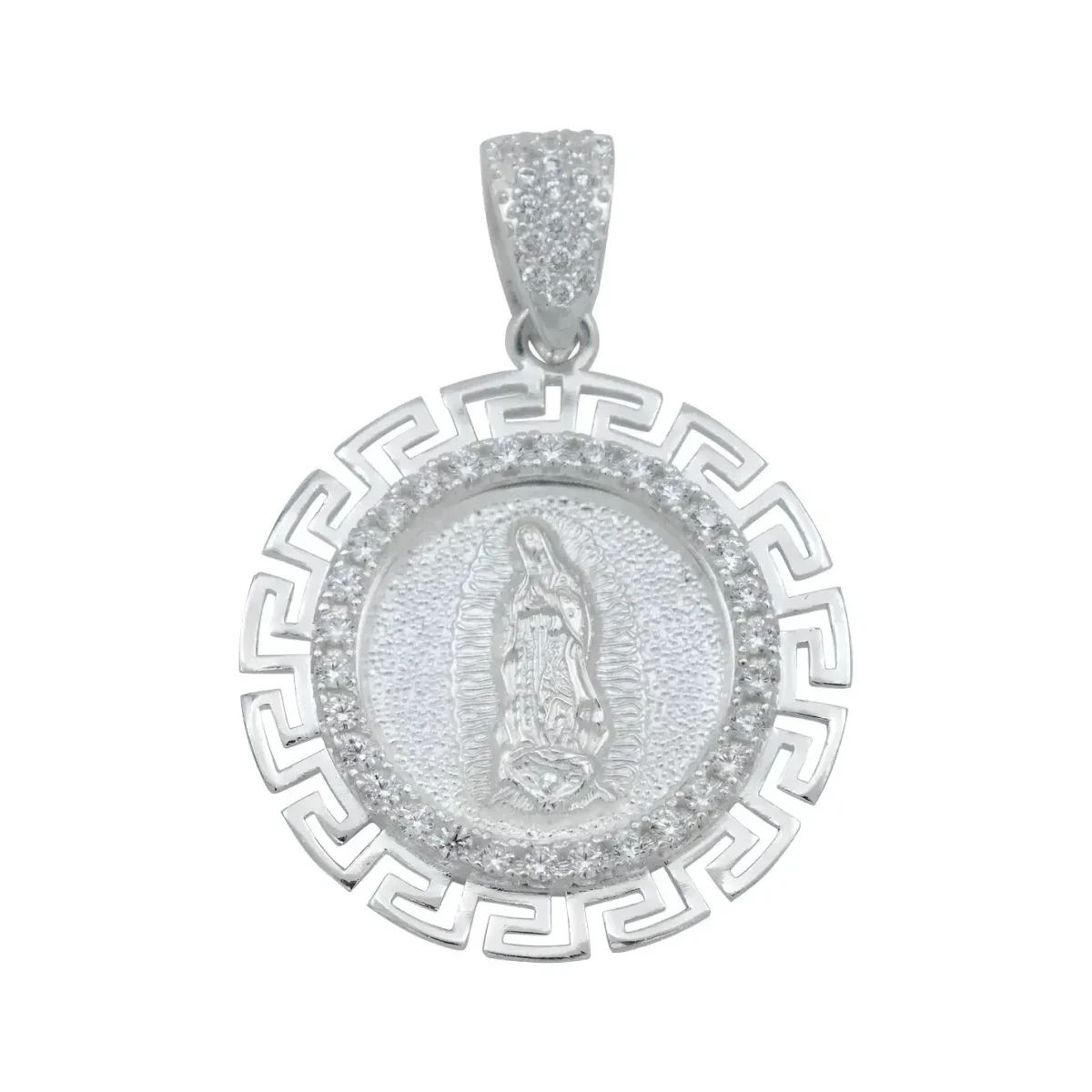 Dije Plata .925 Virgen de Guadalupe, grecas diamantadas, Zirconia brillante. Medalla religiosa moderna, joyería con identidad