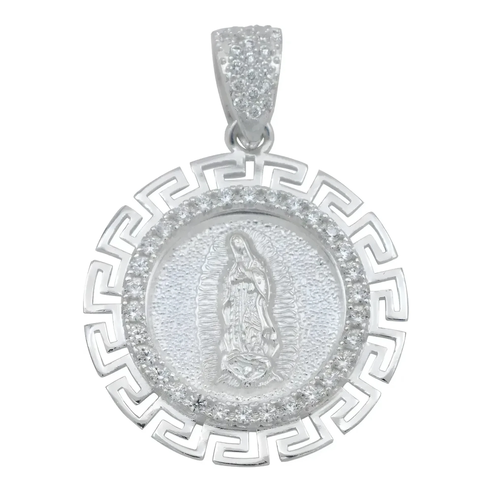 Dije virgen guadalupe plata ley 925 con zirconias y grecas acabado diamantado, medalla religiosa con broche perico Joyaris