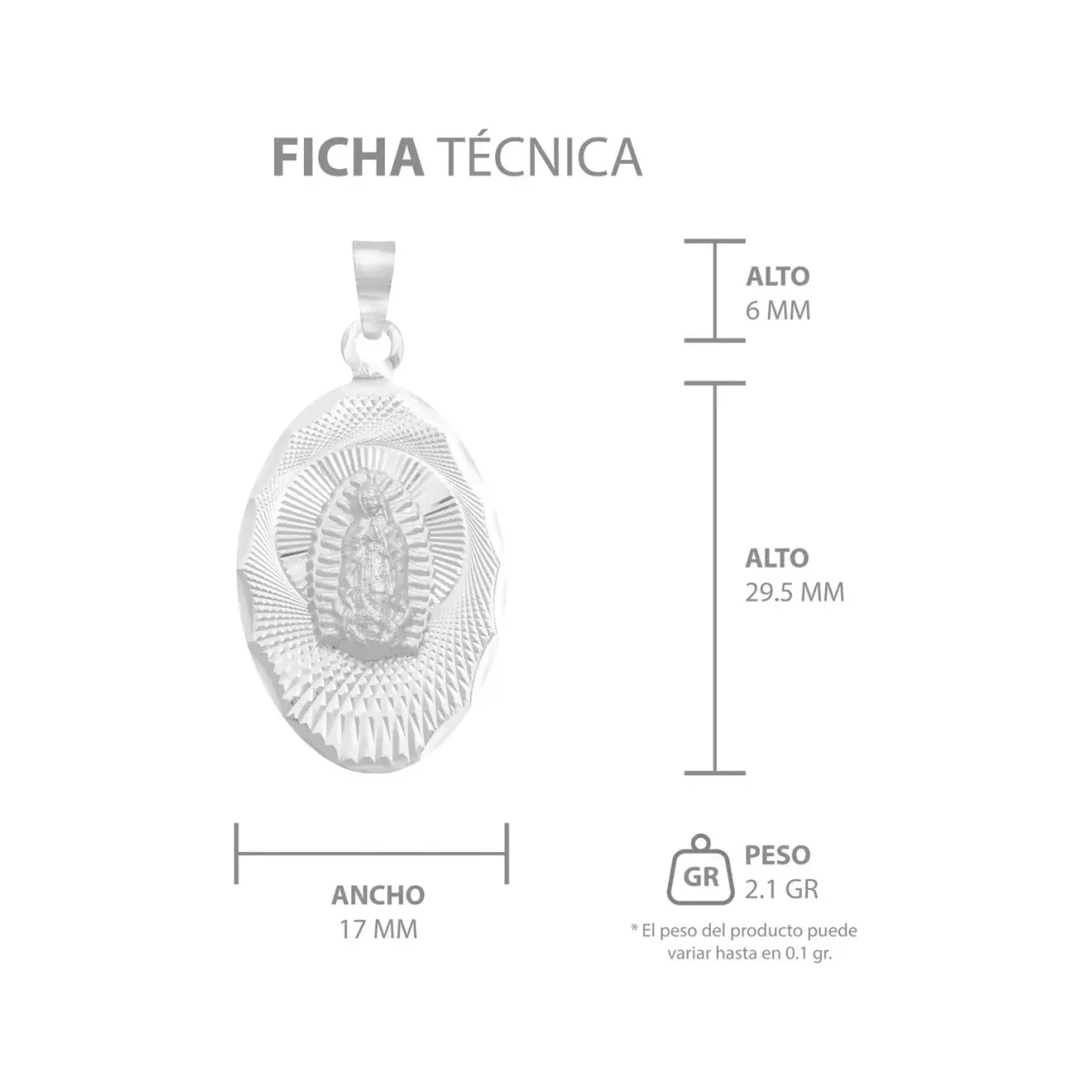 Dije Plata .925 Virgen de Guadalupe Ovalado Diamantado - Imagen 7