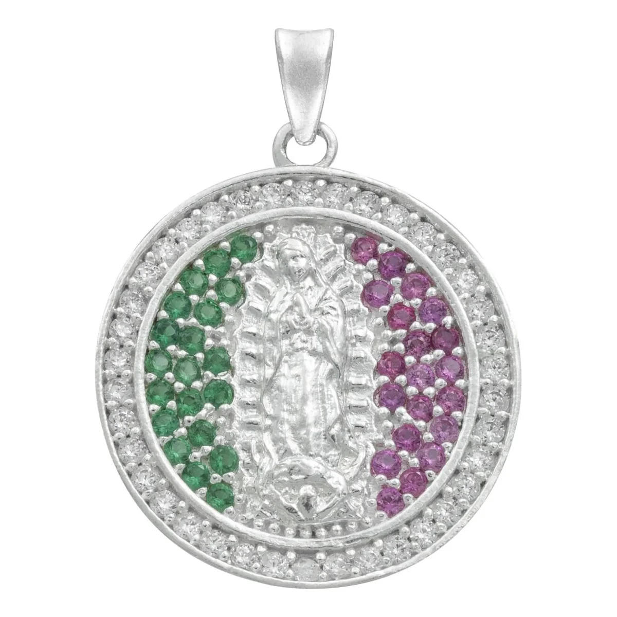 Dije Plata .925 Virgen de Guadalupe Tricolor con Zirconia. Joyería religiosa artesanal mexicana, medalla católica moderna.