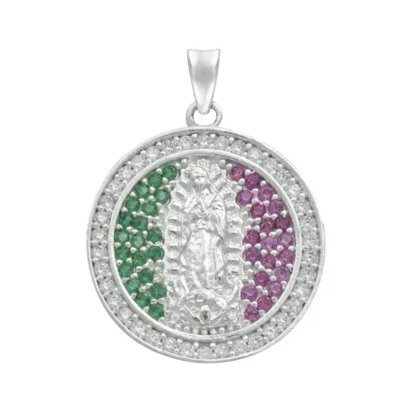 Dije Plata 925 Virgen de Guadalupe Tricolor con Zirconia - Imagen 1