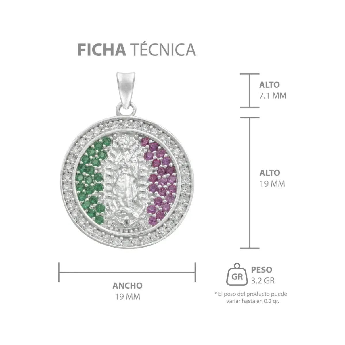 Dije Plata 925 Virgen de Guadalupe Tricolor con Zirconia - Imagen 6