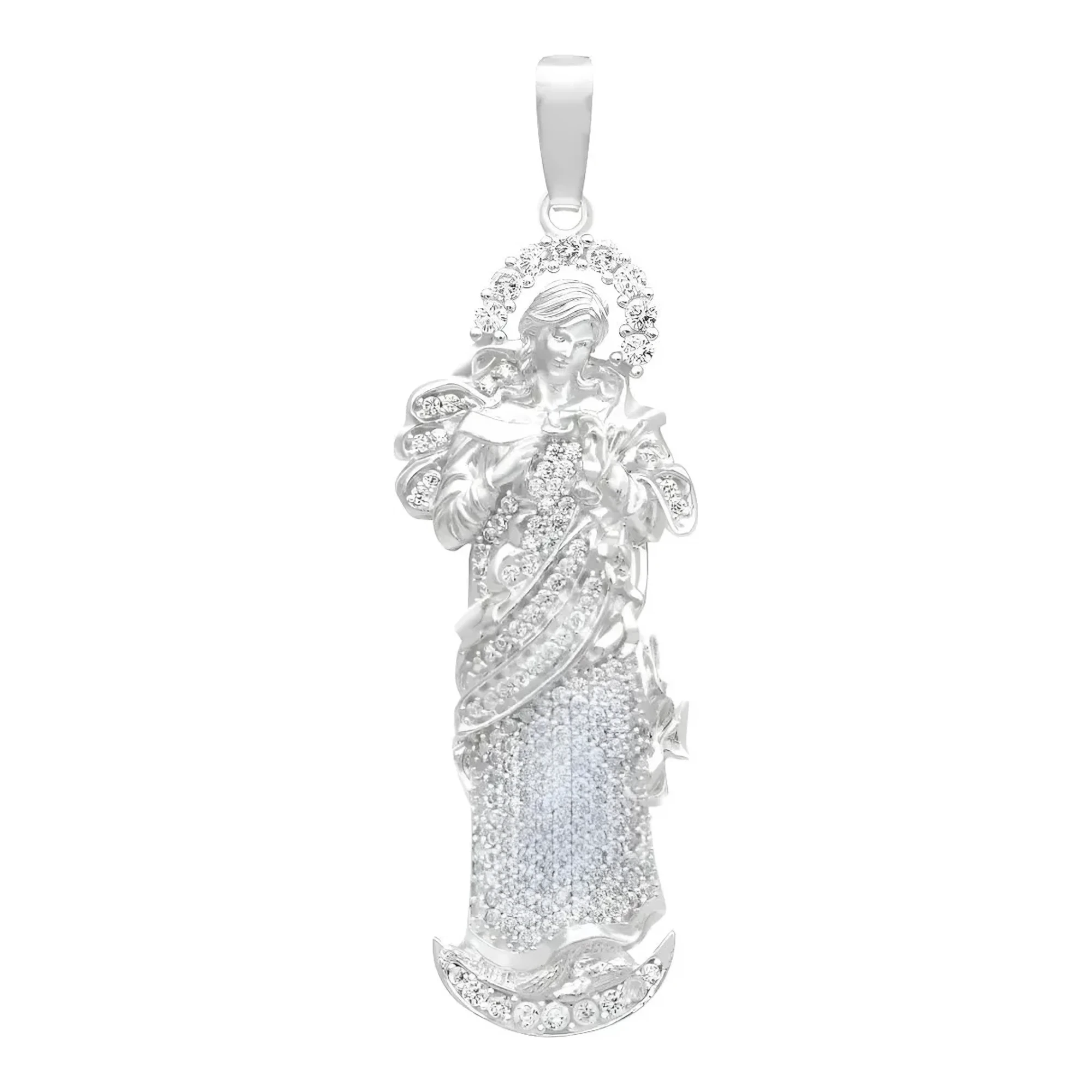 Dije Virgen Desatanudos de plata .925 grabado con zirconias brillantes, medalla religiosa mexicana en acabado detallado