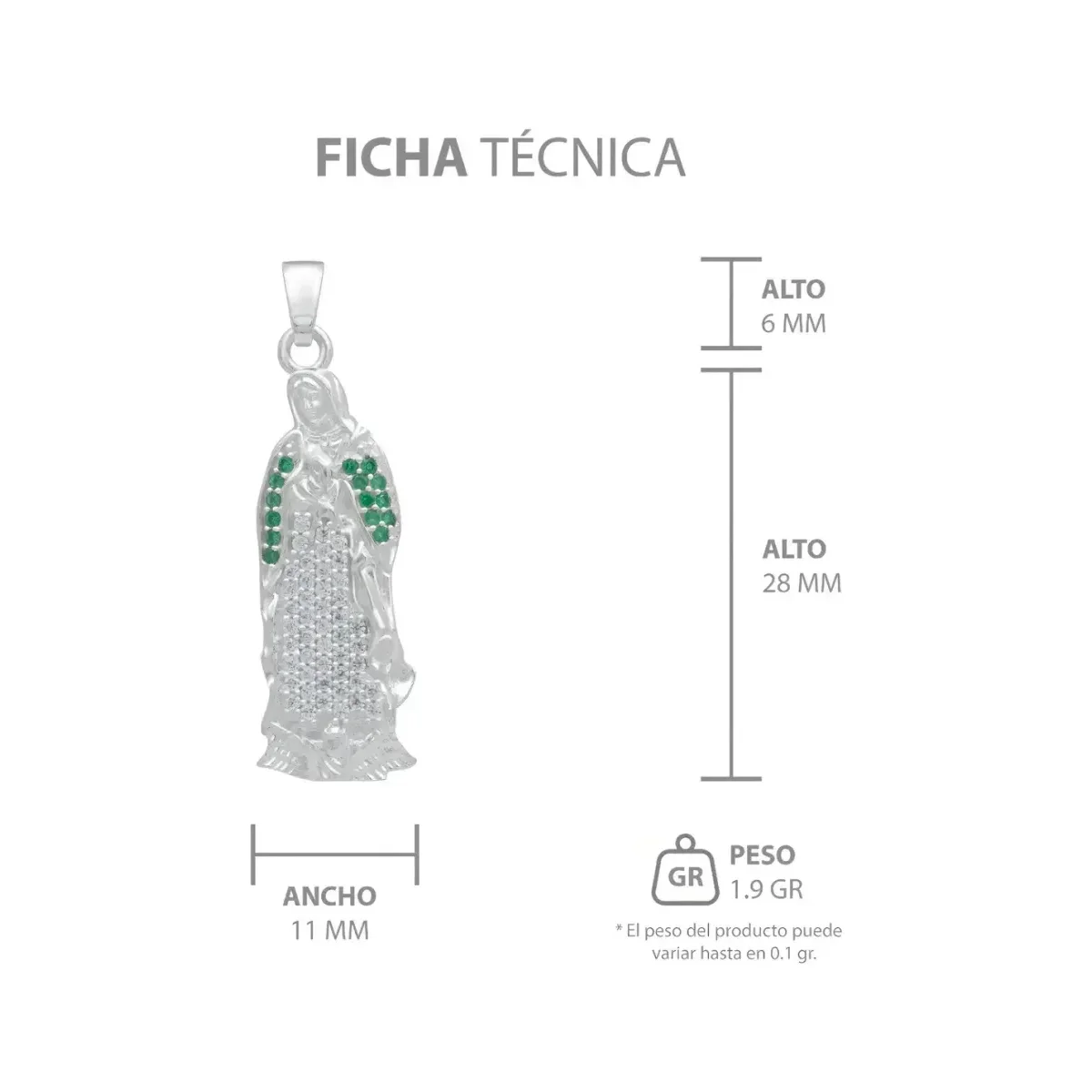 Dije Plata 925 Virgen Guadalupe con Zirconia Brillante - Imagen 7