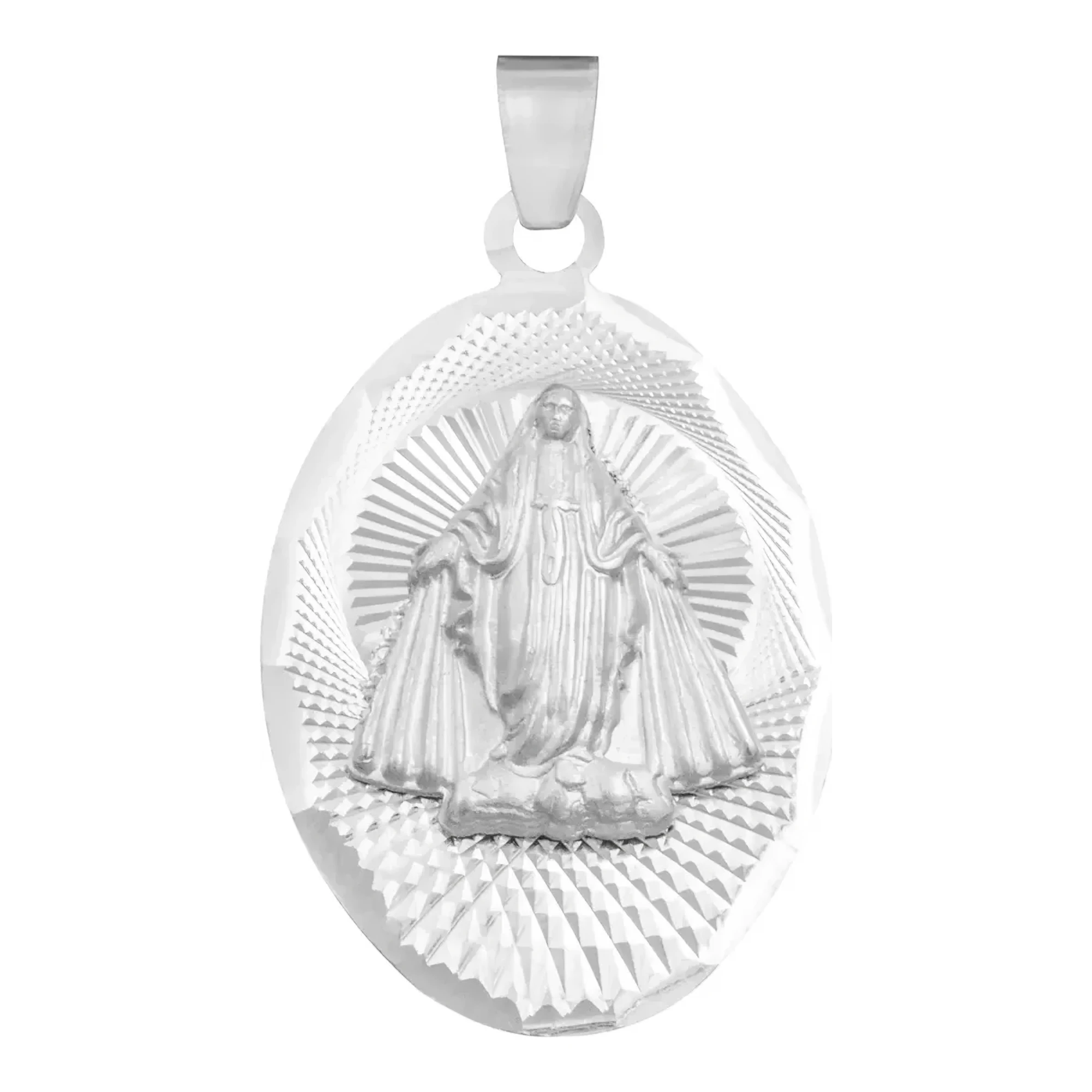 Dije medalla Virgen Milagrosa ovalado diamantado de plata .925 nacional color plata brillante sin piedras joyeria religiosa