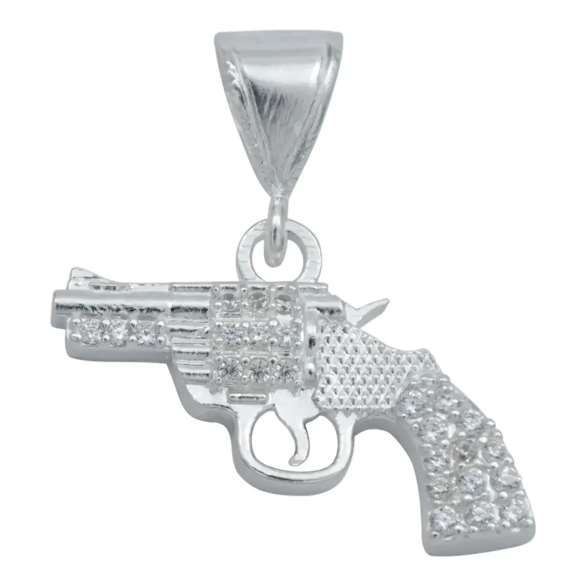Dije Colgante Pistola Revólver Plata Ley 925 con Zirconia Cúbica Brillante – Joyería Artesanal Moderna para Hombre