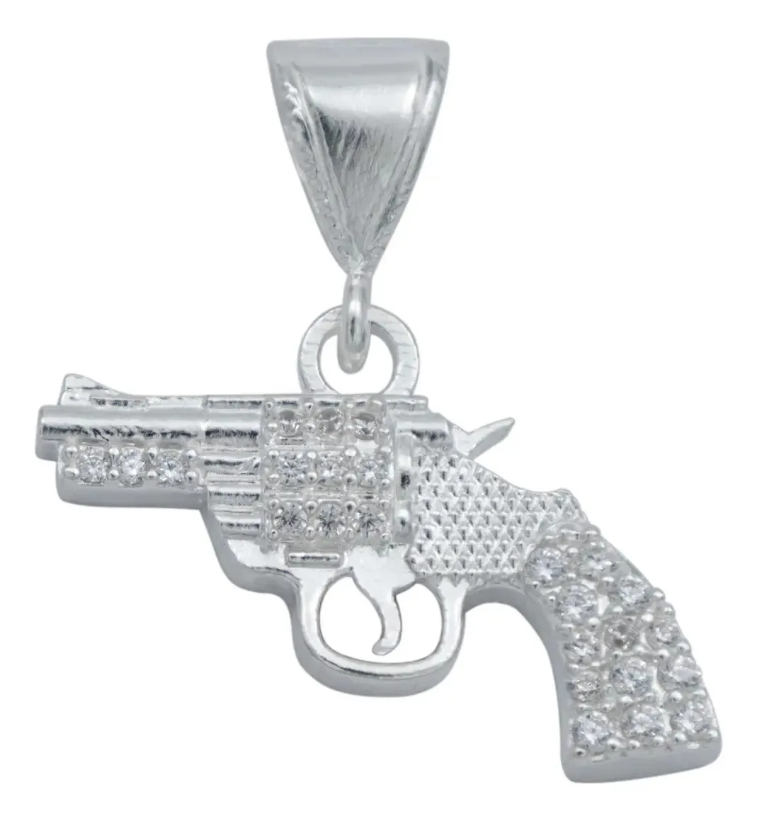 Dije Colgante Pistola Revólver Plata Ley 925 con Zirconia Cúbica Brillante – Joyería Artesanal Moderna para Hombre